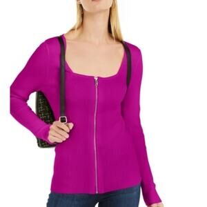 INC International Concepts Women's Magenta Front-Zip Square Neck Sweater Top XL